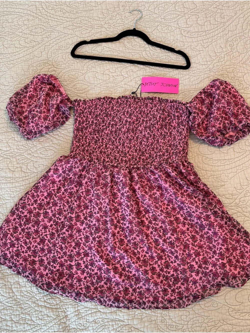 betsey johnson pink floral dress Betsey Johnson Floral Handkerchief Dress Womens 6 Ivory Pink Rose Ruffle FD02W54